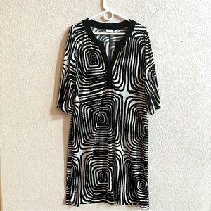 Chicos Zebra Shift Dress Women Sz XL 3/4 Sleeve Animal Print Stretch Black White